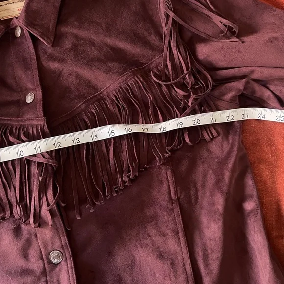 Free People Cosmic Karma Jacket Vegan Suede Fringed Button Coat Wine Plum XL - Picture 6 of 11